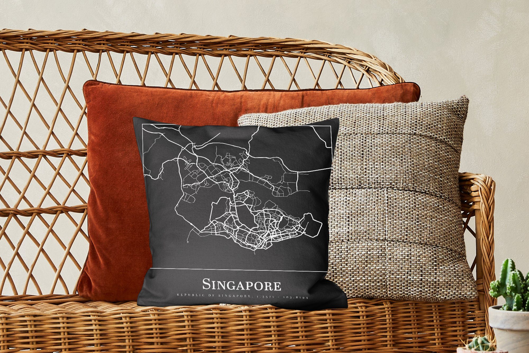 Karte - mit Singapur MuchoWow für Zierkissen Sofakissen Dekokissen - Wohzimmer, Schlafzimmer, Deko, Füllung Stadtplan,
