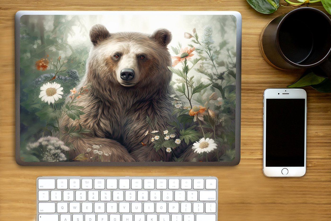Thumbnail - MuchoWow Laptop-Aufkleber Braunbär - Wildtiere - Blumen - Pflanzen