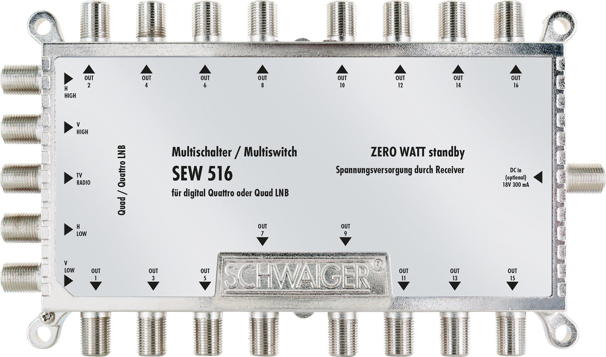 Schwaiger SAT-Multischalter SEW516 531 (verteilt 1 Satellitenpositionen auf 16 Ausgänge), unabhängige Programmvielfalt für alle Teilnehmer