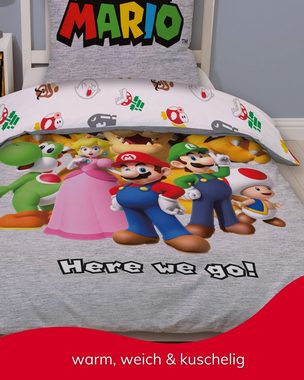 Bettwäsche Super Mario 135x200 + 80x80 cm, 100 % Baumwolle, MTOnlinehandel, Flanell, 2 teilig, lizenzierte Nintendo Biber Bettwäsche für Kinder & Teenager