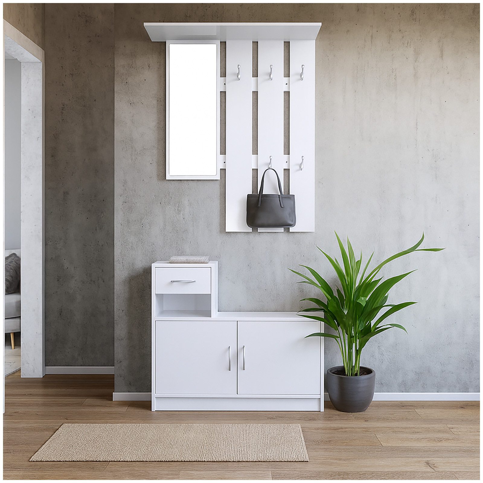 HTI-Line Garderoben-Set Garderobe Thekla, (Set, 2-St., 1x Garderobenpaneel und 1x Schuhschrank, ohne Dekoration), Garderobenpaneel mit Spiegel, Hutablage und 5 Haken