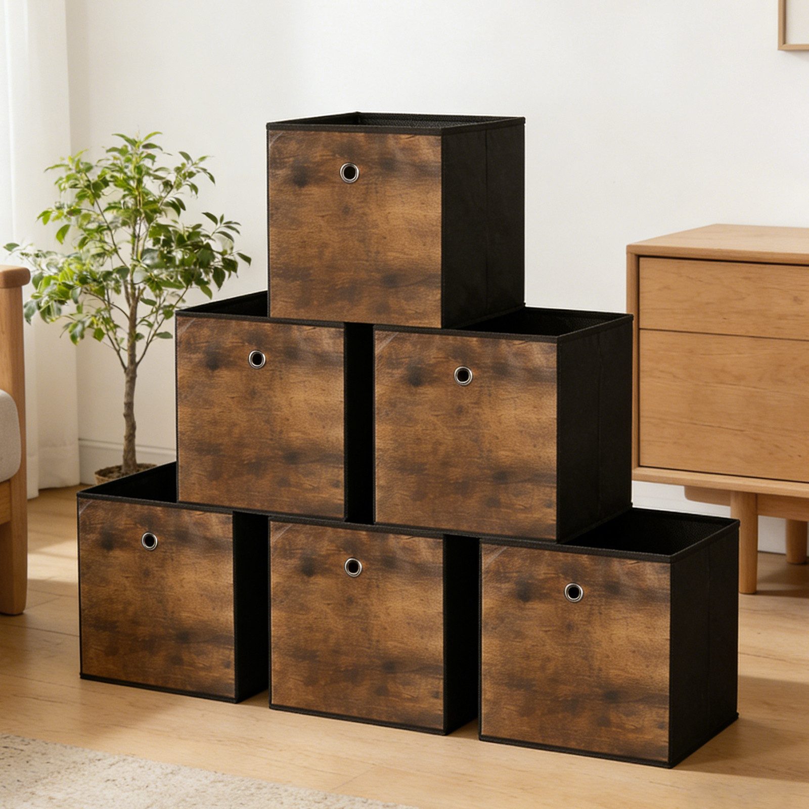 BlingBin Faltbox Aufbewahrungsboxen, faltbare Stoffboxen (6er Set, 6 St., 30x30x30 cm), für Würfelregal, Ordnungsboxen mit Griff, Braun-Schwarz