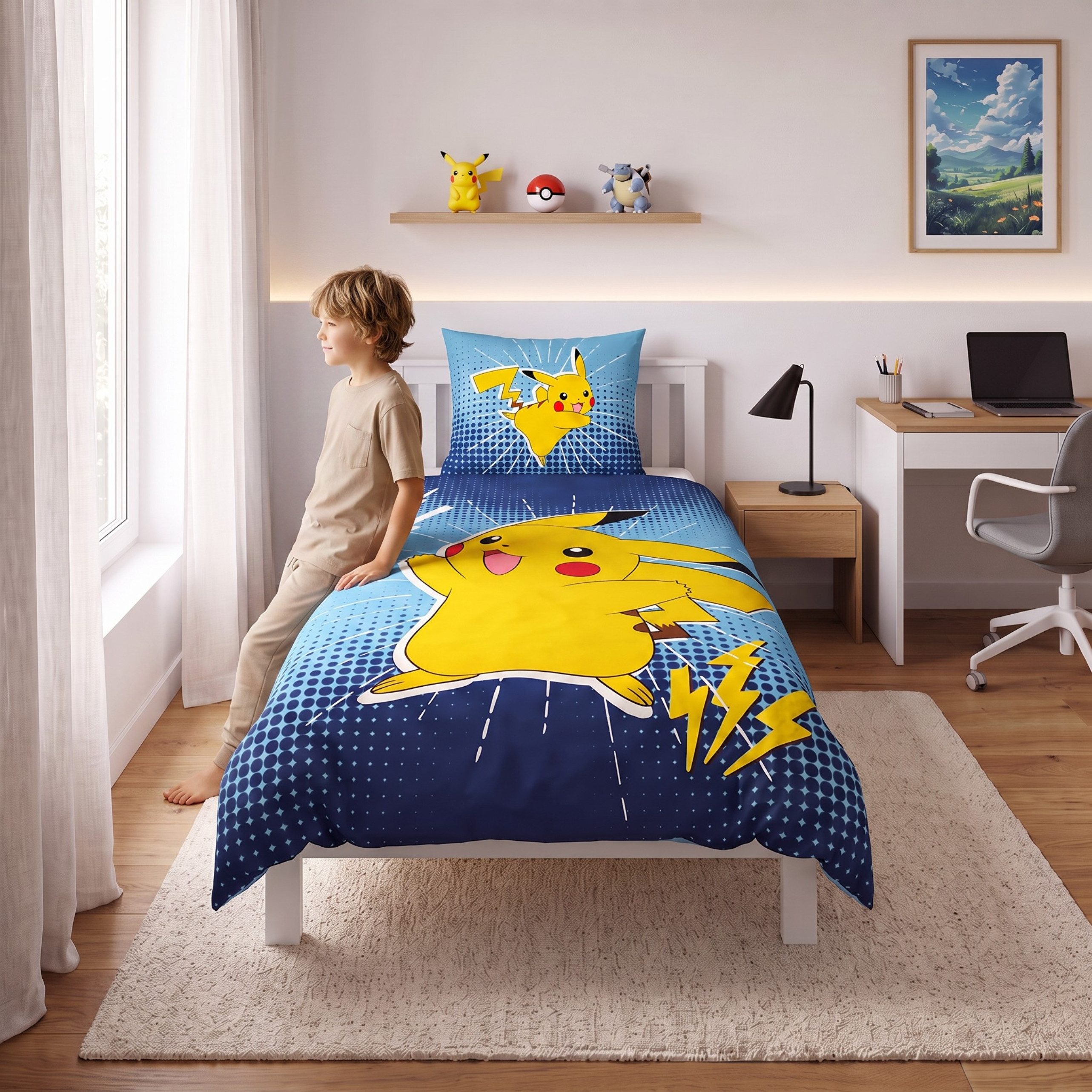 MTOnlinehandel Bettwäsche Pika Power Pokemon 135x200 + 80x80 cm, Pikachu, Microfaser, 2 teilig, Geschenkidee für Mädchen und Jungen, Wende-Motiv – Bild 3 von 5