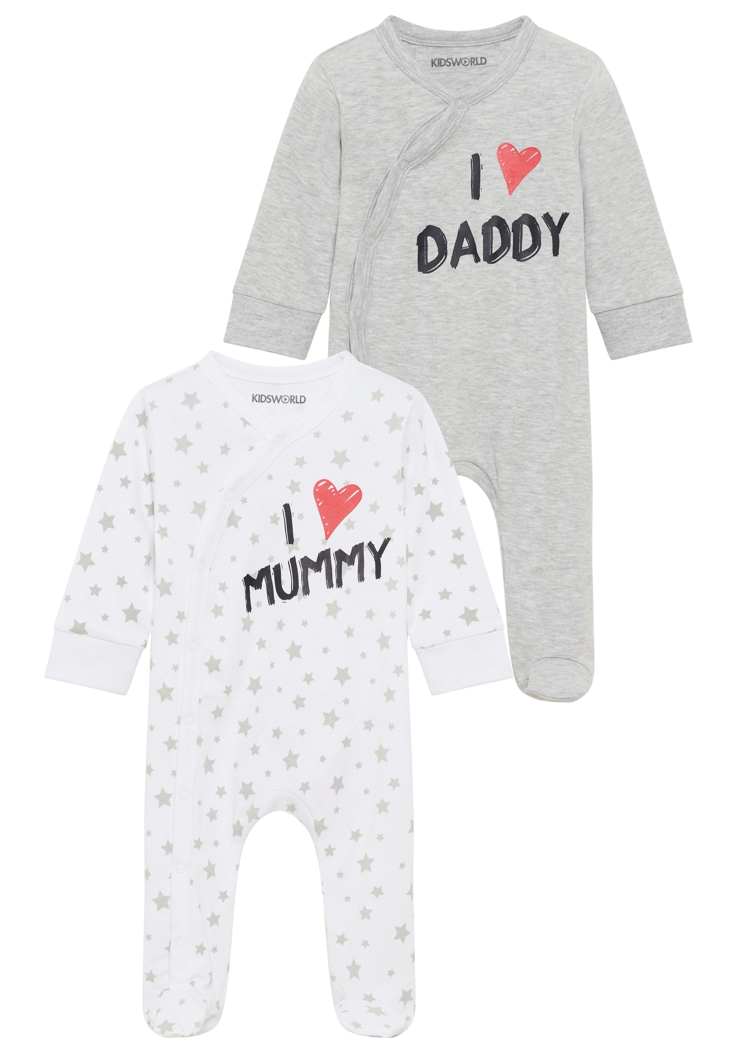 KIDSWORLD Schlafoverall 2er Schlafoveralls: I love Mummy / I love Daddy (Packung, 2-tlg) aus Bio-Baumwolle, Baby-Overalls