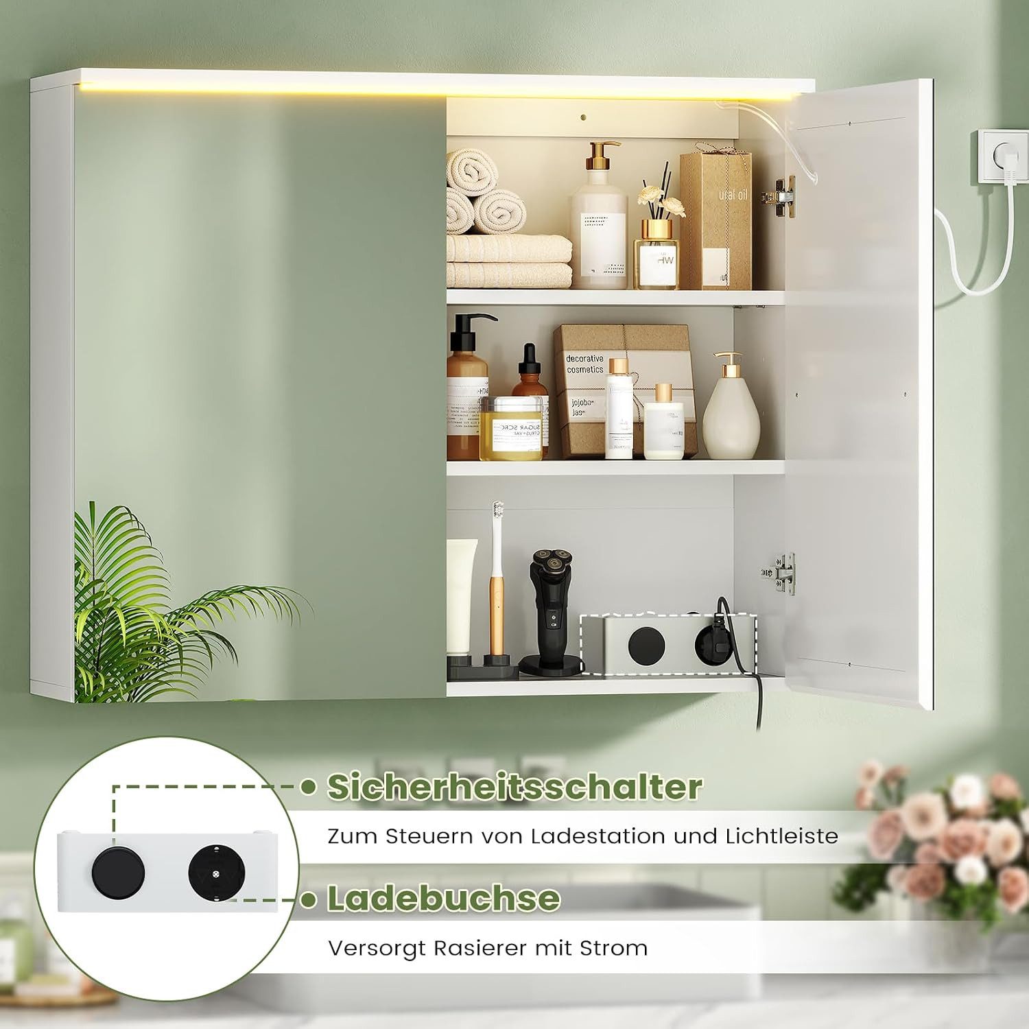 MSMASK Badezimmerspiegelschrank mit LED-Beleuchtung und Steckdose, Lichtschalter, 3 Farbtemperaturen (1-St) 3-stufig höhenverstellbare Ablage – Bild 5 von 5