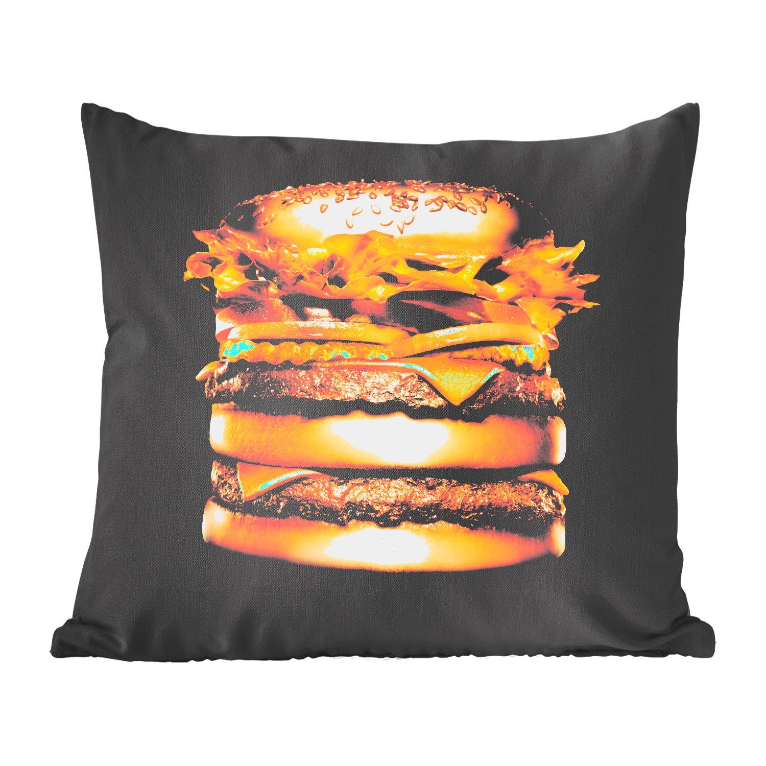 MuchoWow Dekokissen Goldener Hamburger auf schwarzem Hintergrund., Zierkissen mit Füllung für Wohzimmer, Schlafzimmer, Deko, Sofakissen