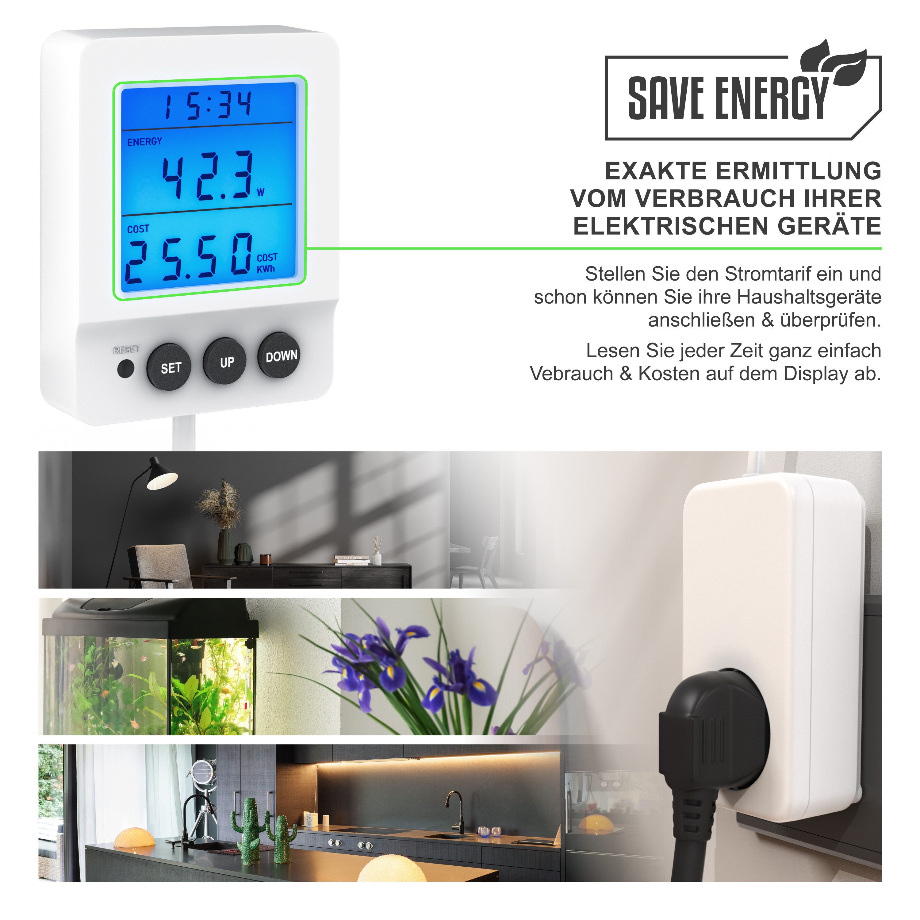 BEARWARE Energiekostenmessgerät digital, Strommessgerät, kabelgebundenes seperates Display, 3680 Watt, Stromverbrauchszähler, Stromzähler für die Steckdose, LED beleuchtet