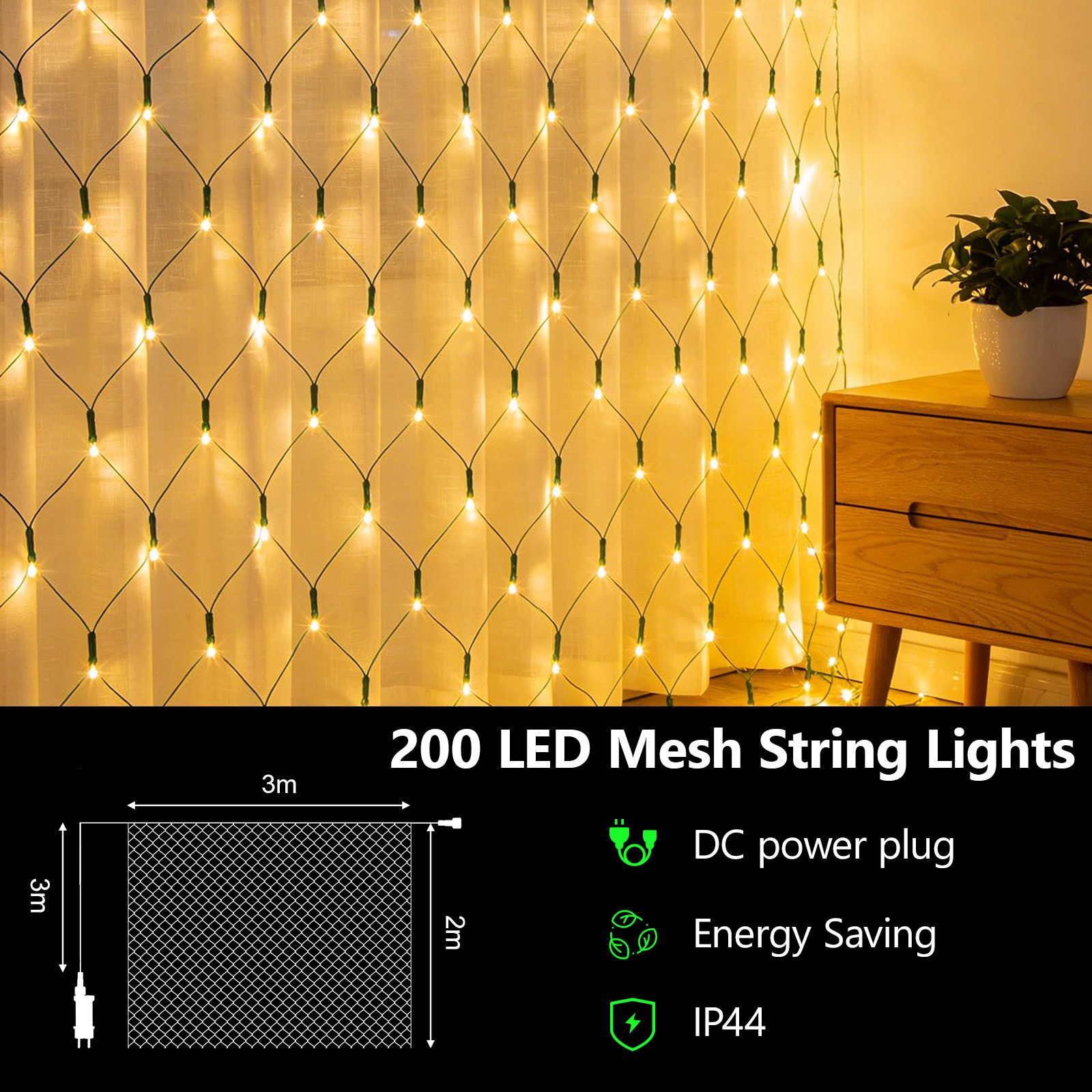 OZAVO LED-Lichternetz LED Lichterkette Außen mit Fernbedienung Timer warmweiß, 3 x 2m, 200-flammig, Lichternetz Innen mit 8 Modi für Büsche Garten Zimmer Balkon