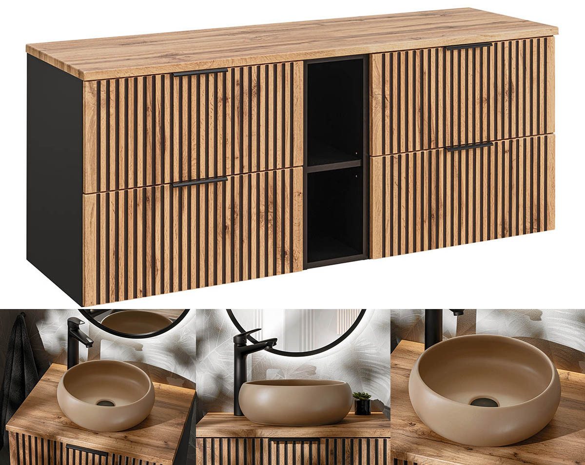 einfachgutemoebel Waschtisch-Set Doppel Waschplatz Tribune 180cm, 2 Becken bematt, Black- Wotan-Eiche, (Badmöbel Set, 1-St., Waschtisch Unterschrank)