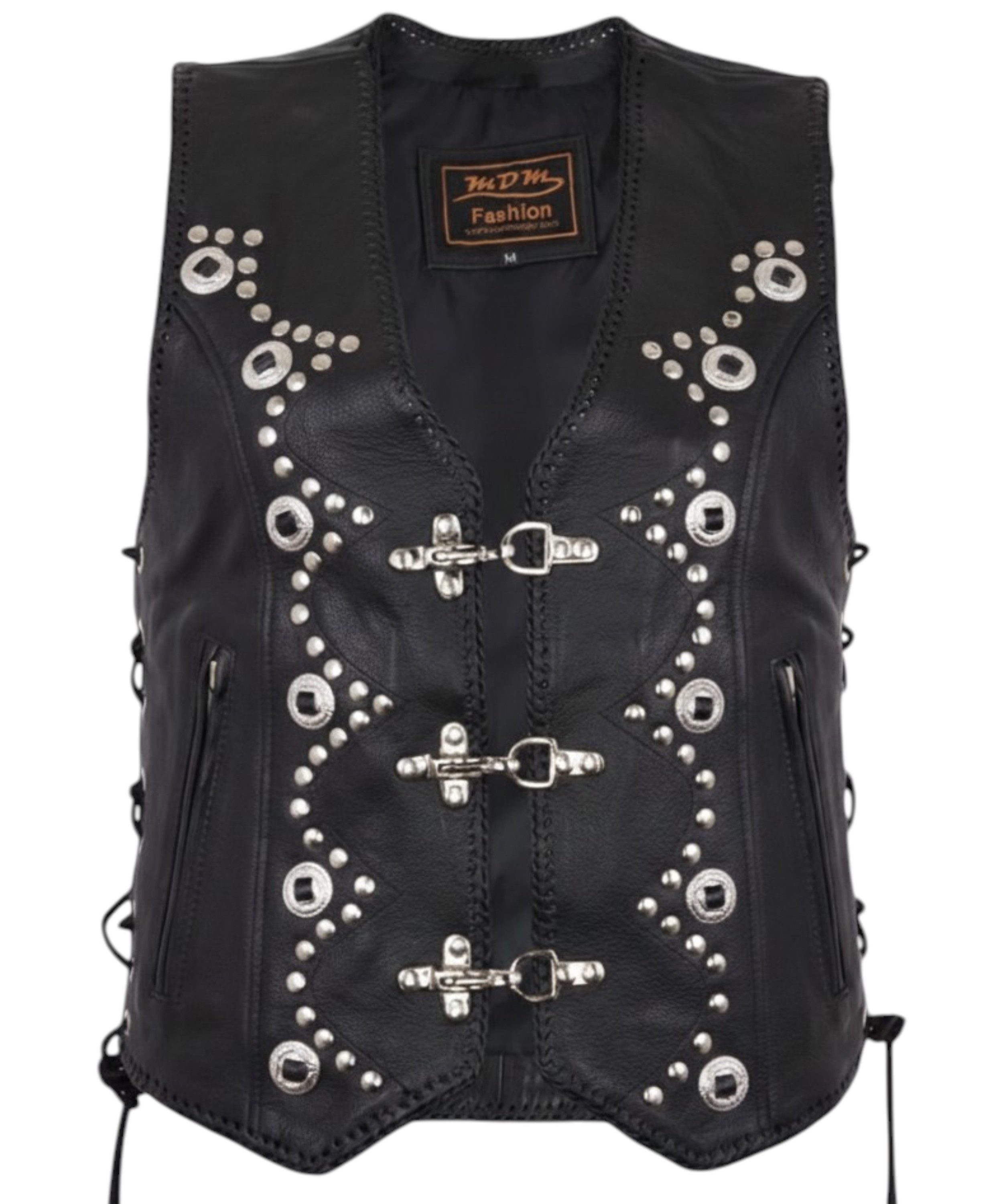 MDM Lederweste Damen Lederweste Schwarz mit Nieten Conchos und Schnallen (Damen Bikerweste aus Echtleder mit Nieten, Conchos und Schnürung) Damen Biker Lederweste mit Nieten, Conchos und Schnürung
