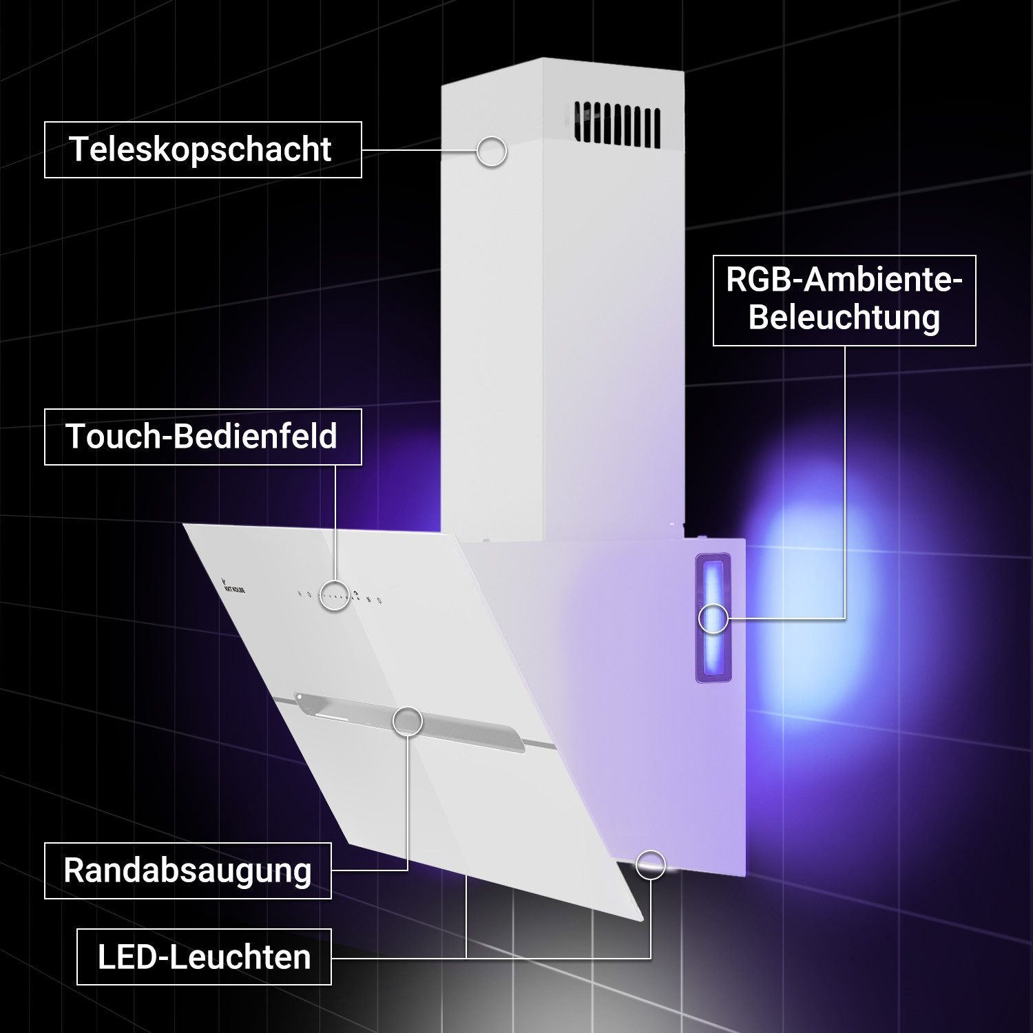 KKT KOLBE Wandhaube Dunstabzugshaube 60cm ECCO6005WM RGBW Ambientebeleuchtung Kopffrei / 60cm / Smarte WiFi-App / Weiß / Glas / Schräghaube – Bild 5 von 5