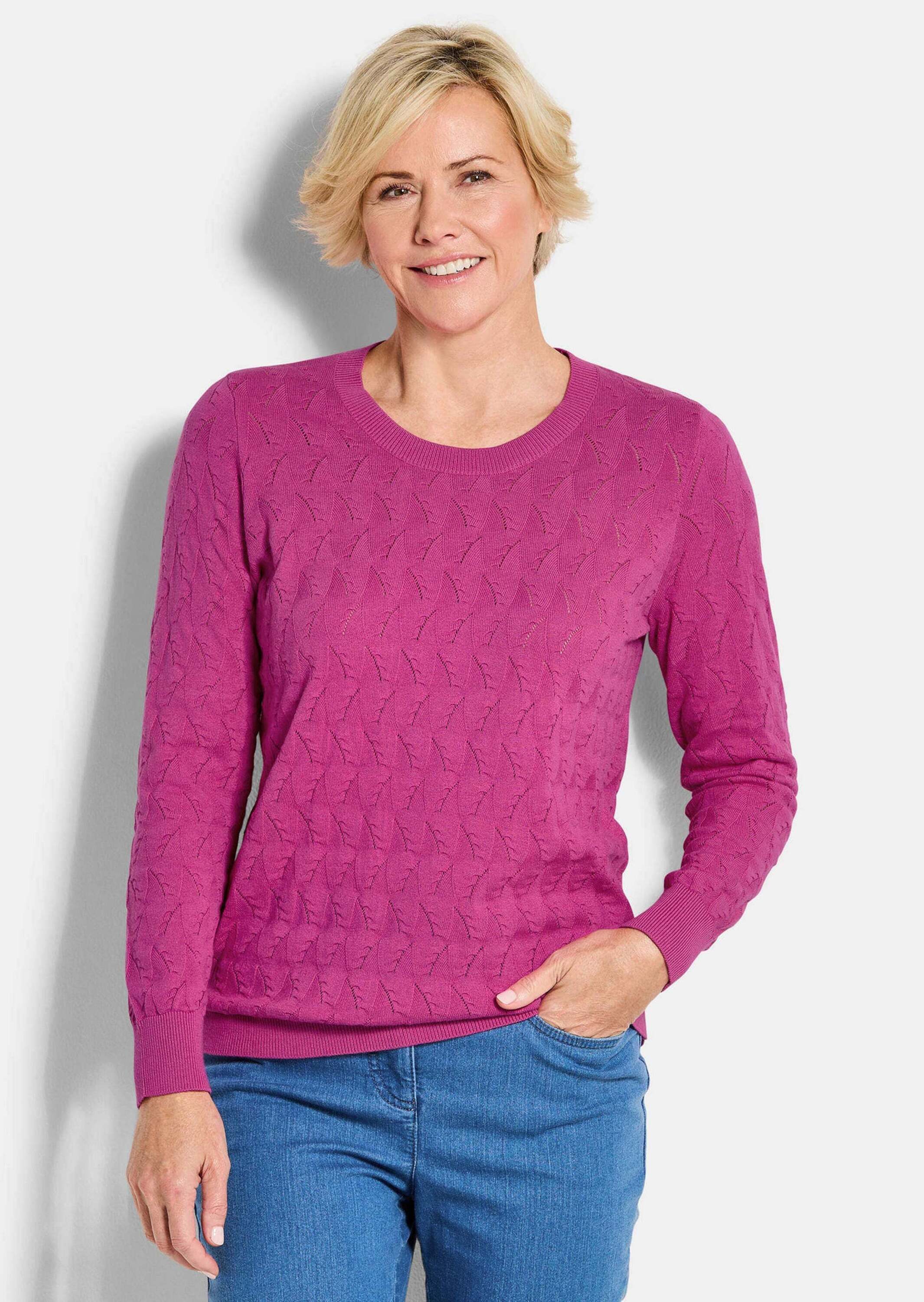 GOLDNER Strickpullover Kurzgröße: Baumwollpullover mit Zick-Zack-Muster Zopfstrickpullover mit Rundhals, Rippenblenden und Langarm