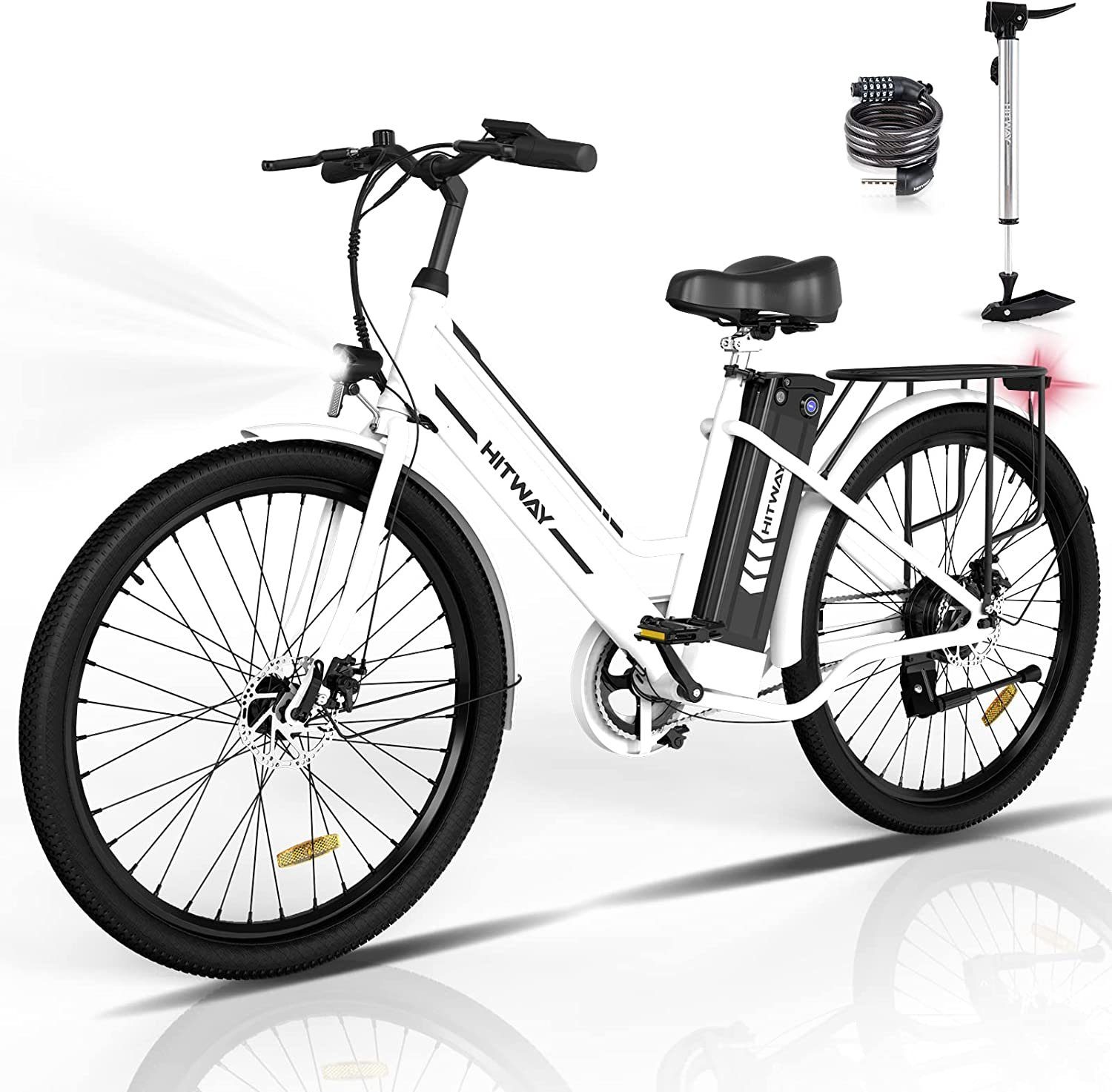 HITWAY E-Bike 26 Zoll E-Fahrrad für Damen Herren 36V 8.4AH 25km/h,35-70KM, Heckmotor, Batterieladegerät/ Pumpe/Fahrradschloss weiss