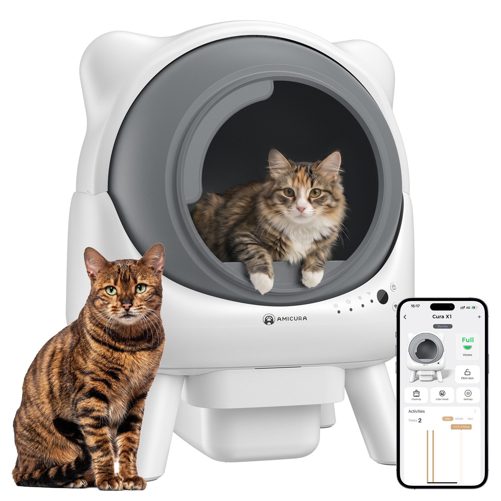 AmiCura Katzenecktoilette 2026 katzenklo selbstreinigend 95L/12 selbstreinigende katzentoilette, Katzentoilette Katzenklo 95L+12L Große 50 dB sicher für Mehrere Katzen