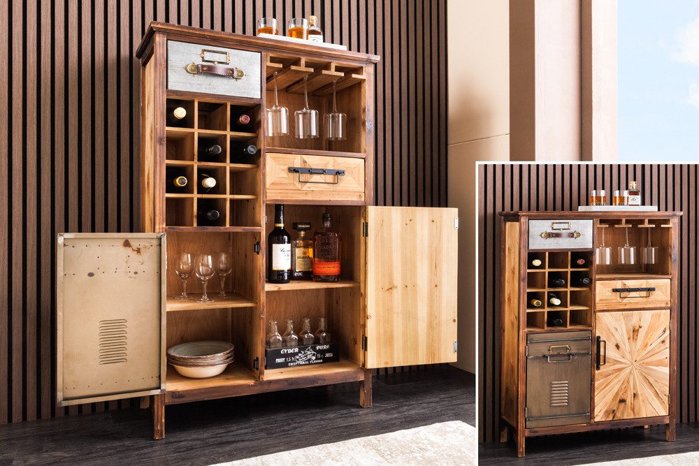 riess-ambiente Barschrank ATELIER 120cm natur - Pinienholz, Metall-Vintage-Bar, Gläseraufhängung (Einzelartikel, 1-St) Authentischer Weinregal - ideal für Küche, Esszimmer oder Loft-Wohnung