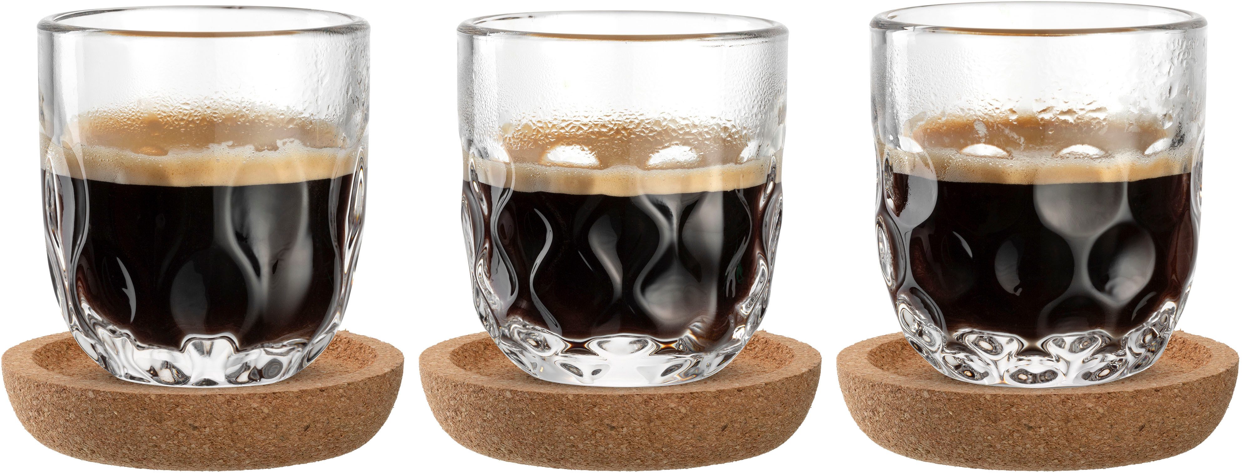 LEONARDO Gläser-Set Espresso-Set GOCCE, 90 ml, 6-teilig, 6-tlg., Glas, 3 Gläser mit unterschiedlichem Tropfenrelief, inkl. Kork-Untersetzer