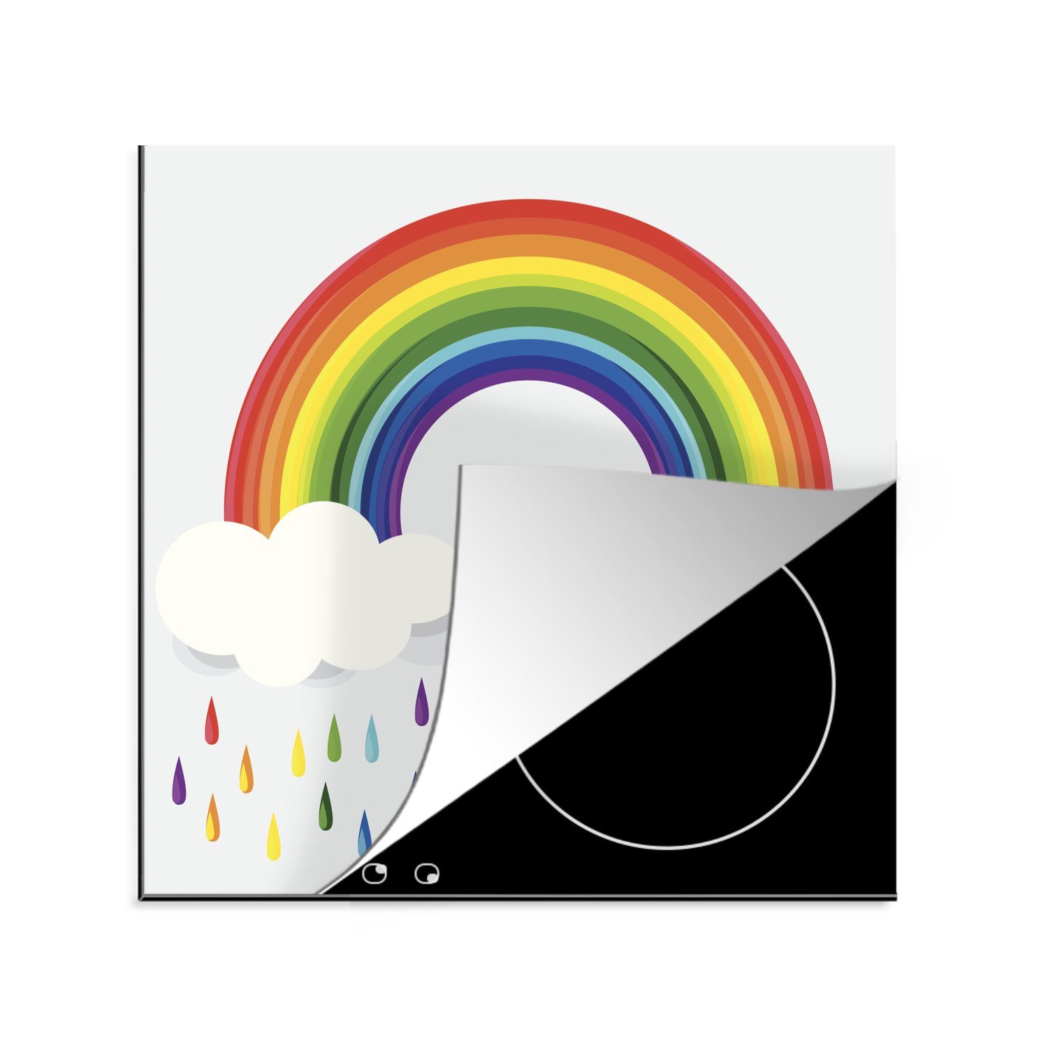 MuchoWow Herdblende-/Abdeckplatte Eine Illustration eines Regenbogens mit Wolken und Regenbogentropfen, Vinyl, (1 tlg), 78x78 cm, Ceranfeldabdeckung, Arbeitsplatte für küche