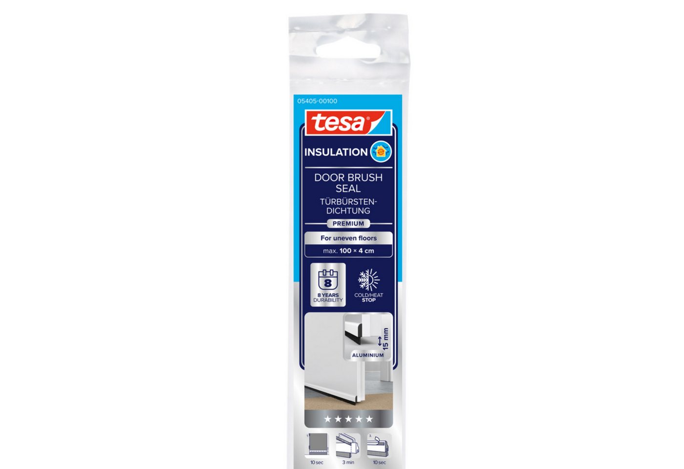 tesa Türbodendichtung INSULATION Premium Türdichtschiene für unebene Böden, (Packung, 1-St., Alu-Türdichtung - weiß - mit Bürstendichtung bis 15 mm), selbstklebende Alu-Türdichtung zum Schutz vor Zugluft