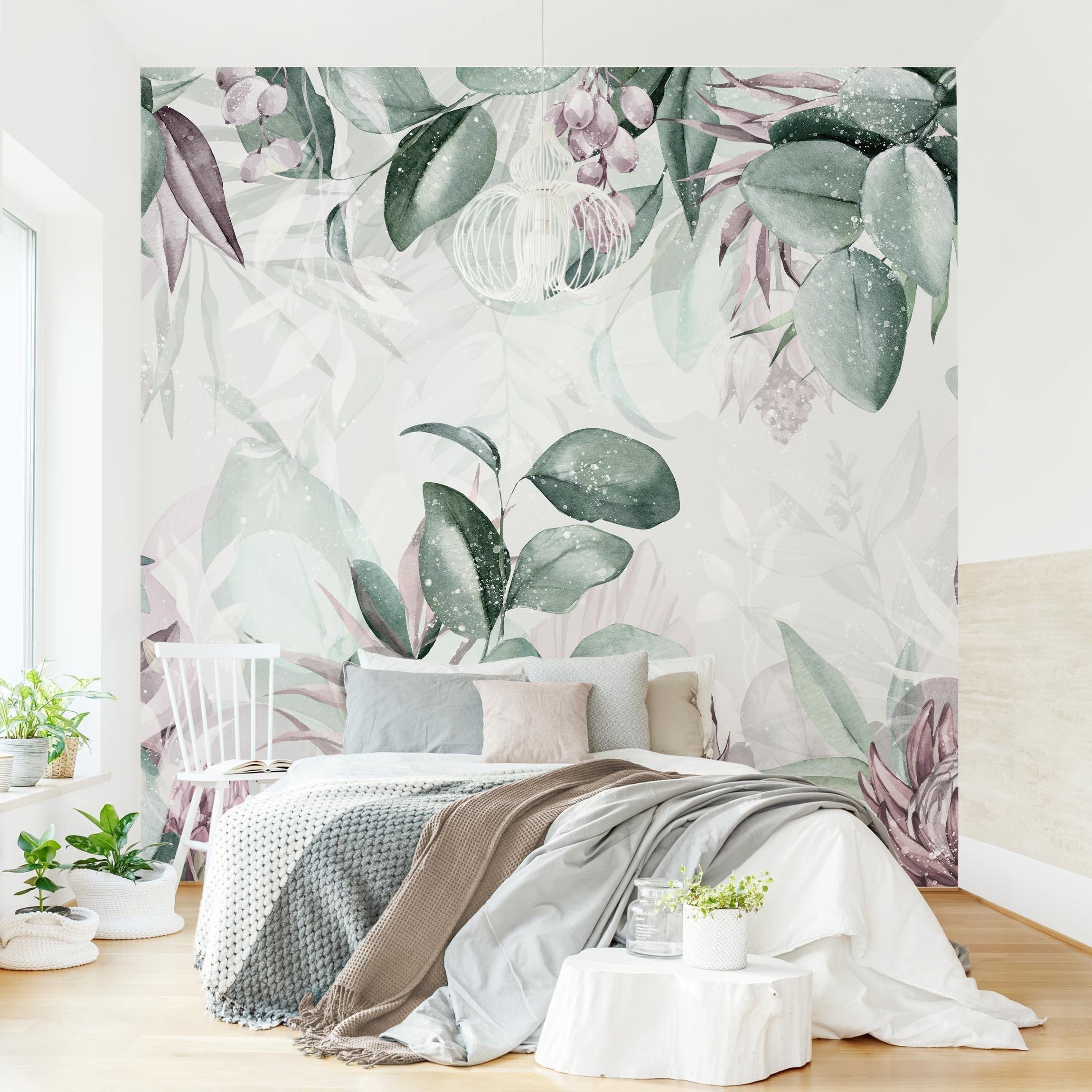Bilderdepot24 Fototapete Blumen Botanik Pastell Grün Rosa Blumentapete Floral Natur modern, Glatt, Matt, (Vliestapete inkl. Kleister oder selbstklebend), Wohnzimmer Schlafzimmer Küche Flur Motivtapete Vliestapete Wandtapete