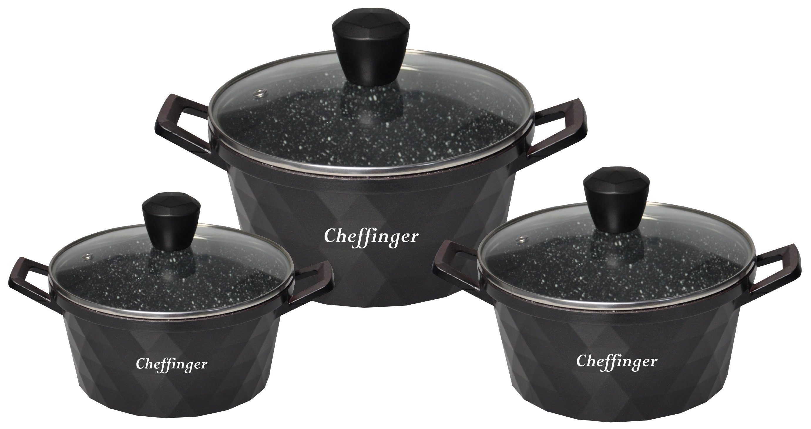 Cheffinger Topf-Set Kochtopf Kasserolle Topf Set 6-tlg schwarz Glasdeckel Cheffinger, Material: Aluminium, Glas