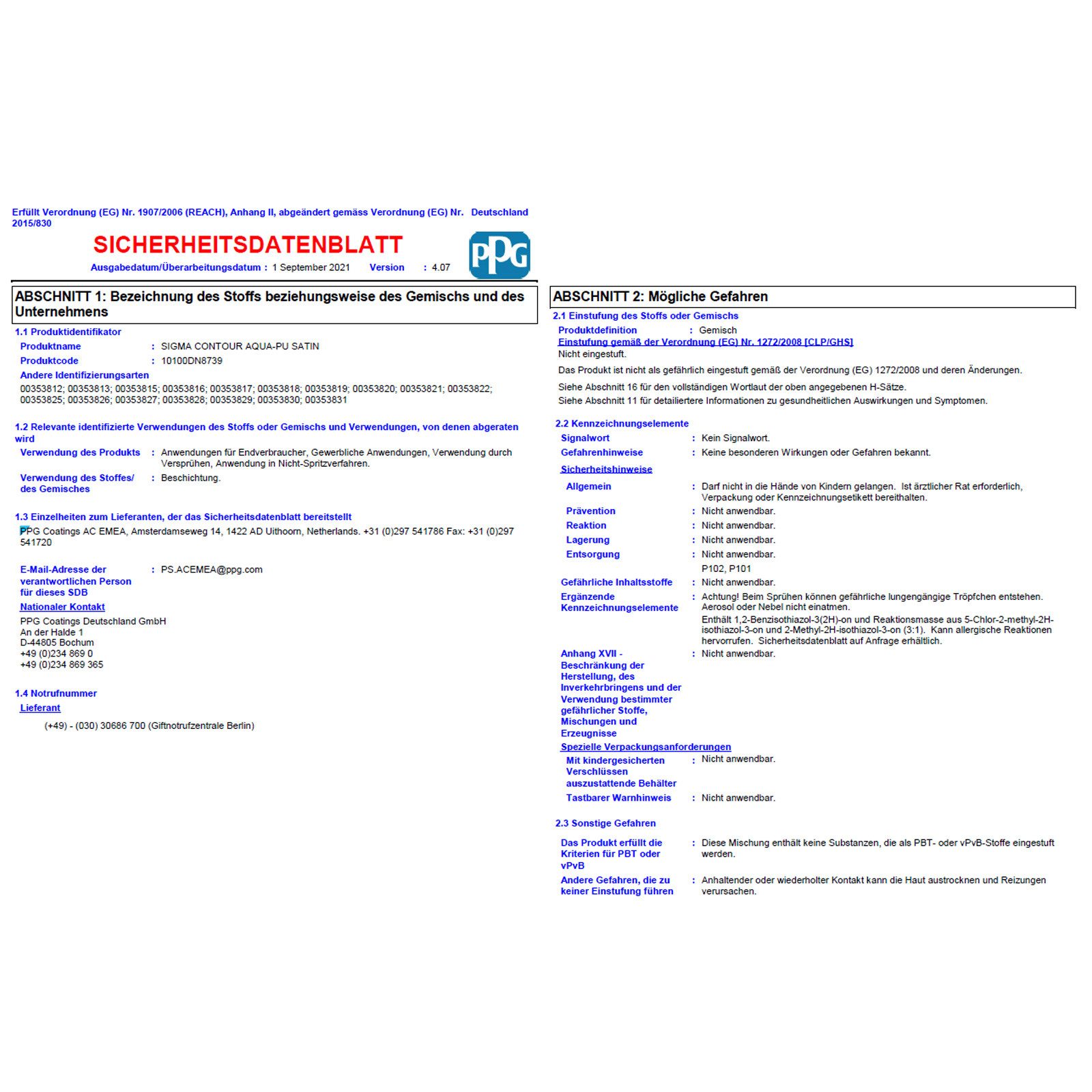 SIGMA Coatings Lack Contour Aqua PU Satin 2,5 LTR