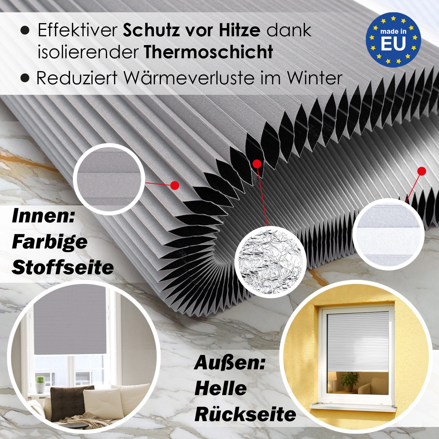 DomDeco Wabenplissee Thermo Plissee ohne Bohren - Hitzeschutz, Verdunkelung, verspannt, abdunkelnd, Klemmfix, stufenlos, kälteschutz, modernes Fensterplissee