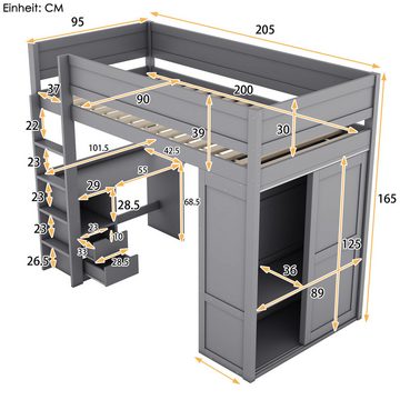 Welikera Kinderbett 0,9*2m Hochbett mit Kleiderschrank,Schreibtisch,Schubladen,Kinderbett, Vielseitiges Kinderbett,Weiß/Grau