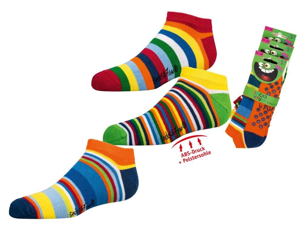 FussFreunde ABS-Socken 3 Paar kurze Kinder Stoppersocken, Sneakersocken Gute Laune Ringel (Set, 3 Paar) mit ABS-Druck und Polstersohle