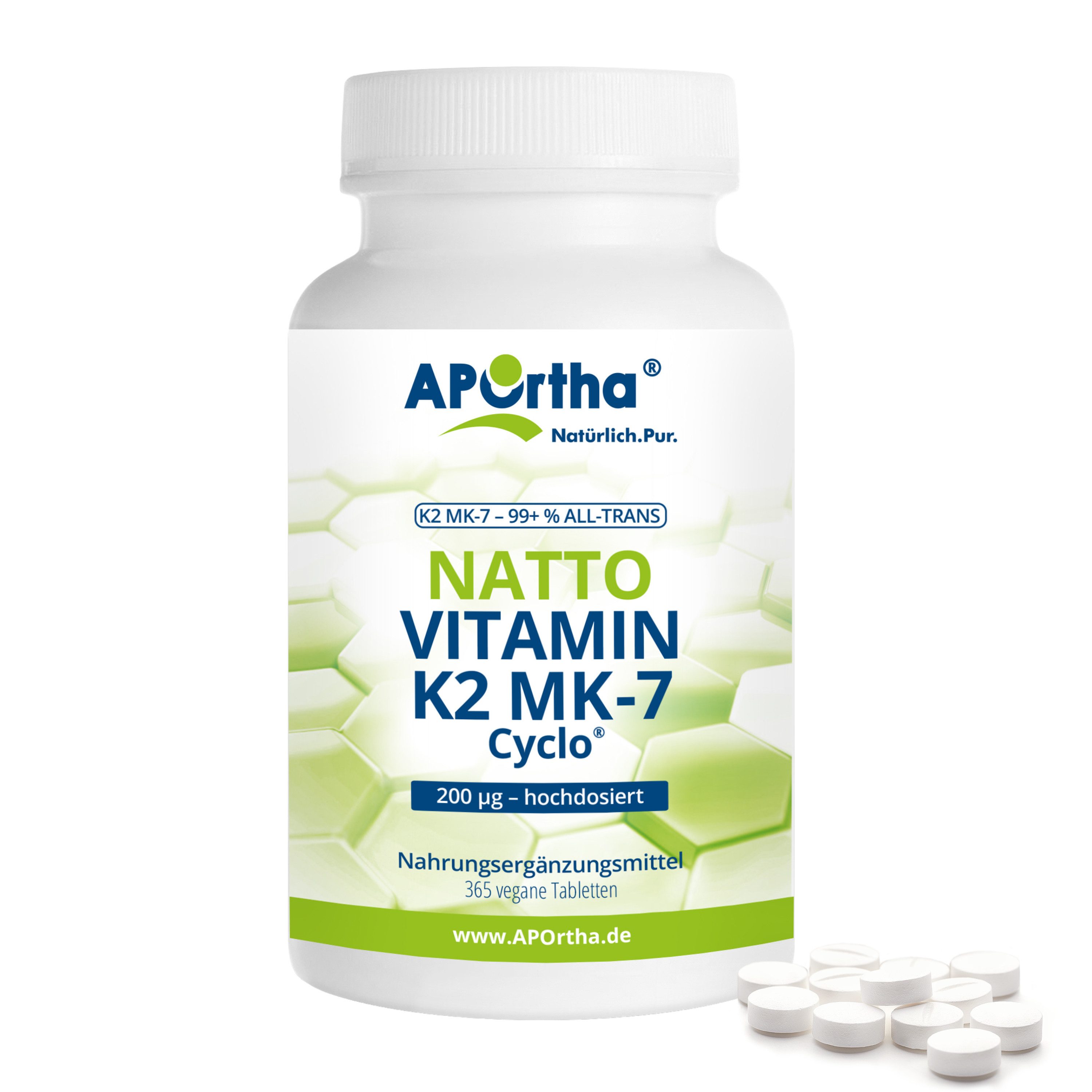 APOrtha® Natto Vitamin K2 MK-7 Cyclo® 200 µg - 365 vegane Tabletten Tabletten