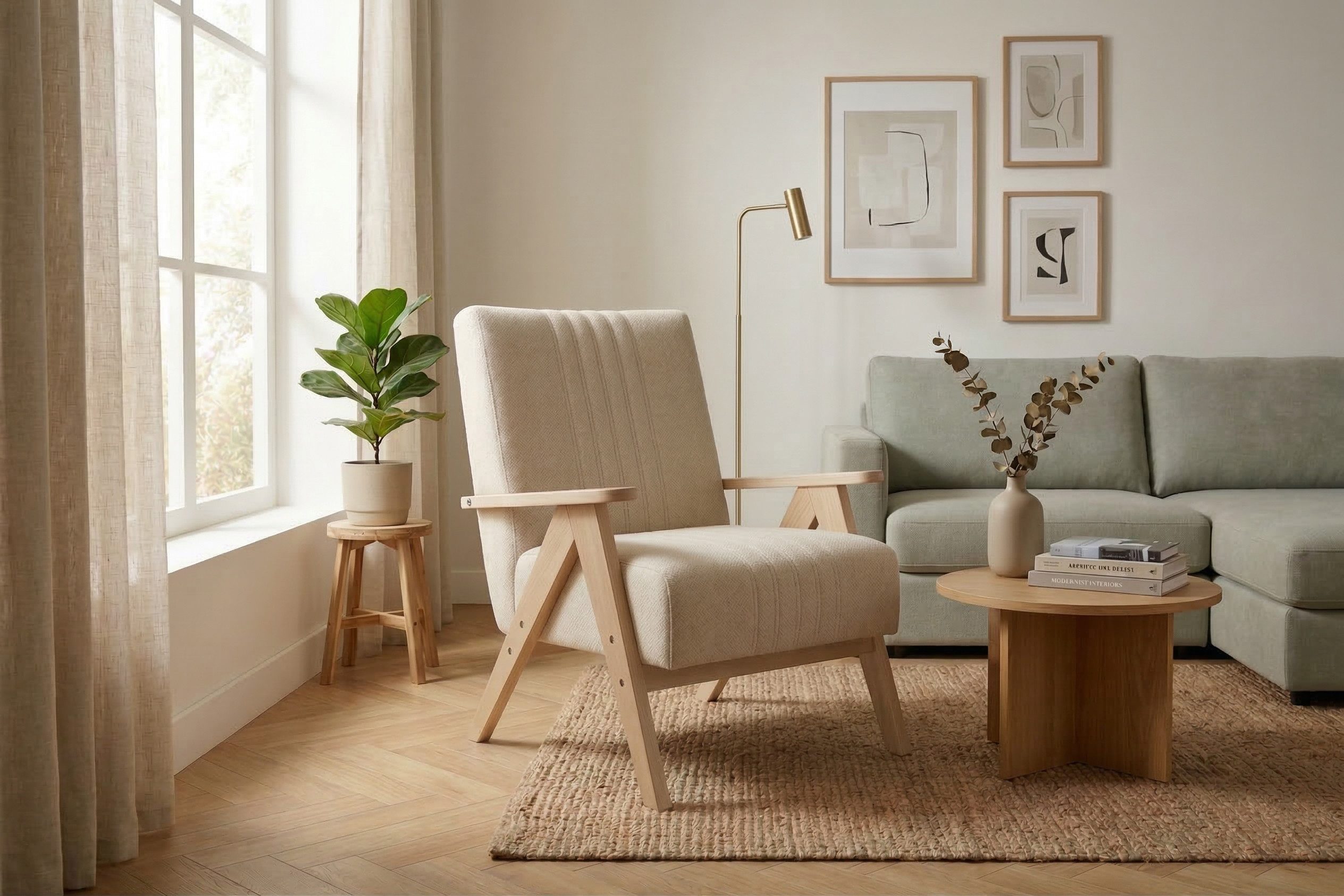 Friderik-EU Sessel ENZO Polstersessel mit Holzgestell Mid-Century, vertikale Steppungen am Rücken, leichtes Holzgestell