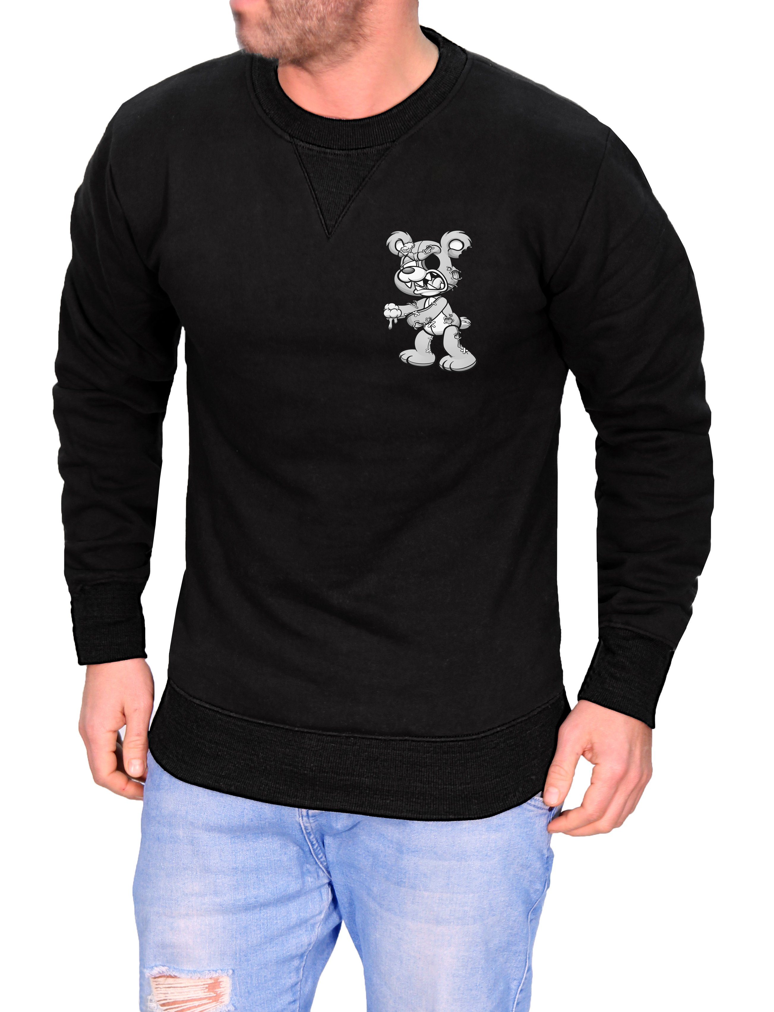 RMK Rundhalspullover Herren Pullover Langarmshirt Sweatshirt Pulli mit Cartoon Motiv Schwarz-Grau
