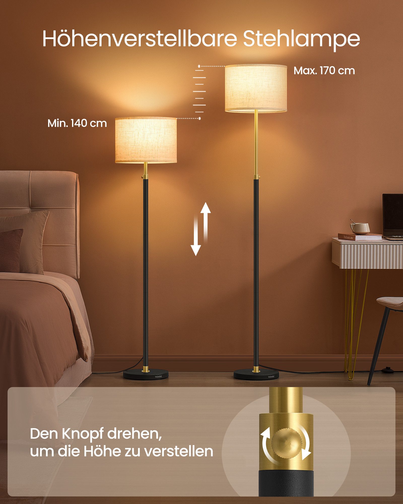 VASAGLE Stehlampe höhenverstellbare Leselampe, 140-170 cm hoch, mit3 Lichtf günstig online kaufen