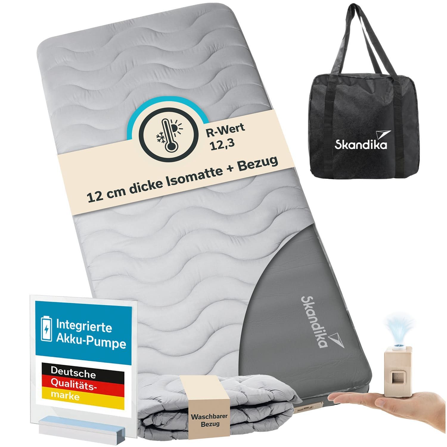 Skandika Luftmatratze Easy 3D Premium Flex Bundle, Luftmatratze mit Bezug, Schaumstoff, (Tragetasche, Antirutsch-Noppen des Bezugs), Softtouch-Oberfläche, USB-C Pumpe, selbstaufblasend, R-Wert von 12,2