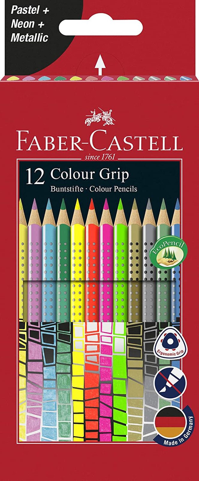 Faber-Castell Buntstift Colour Grip, 12er Kartonetui mit Sonderfarben, Pastel, Neon, Metallic