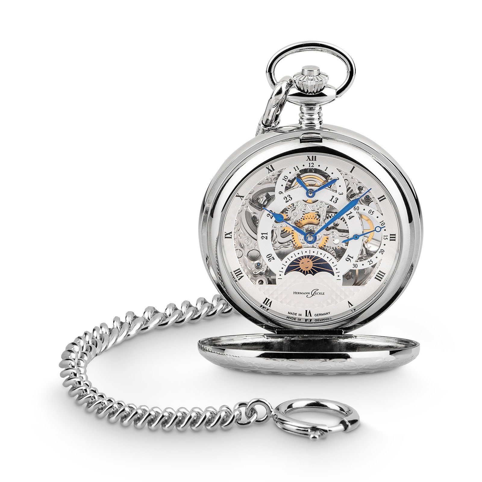 Hermann Jäckle Taschenuhr "Calw" Skelett-Design, Handaufzug, Mineralglas, mit extra starker Kette & Reiseetui – Made in Germany, 50 mm