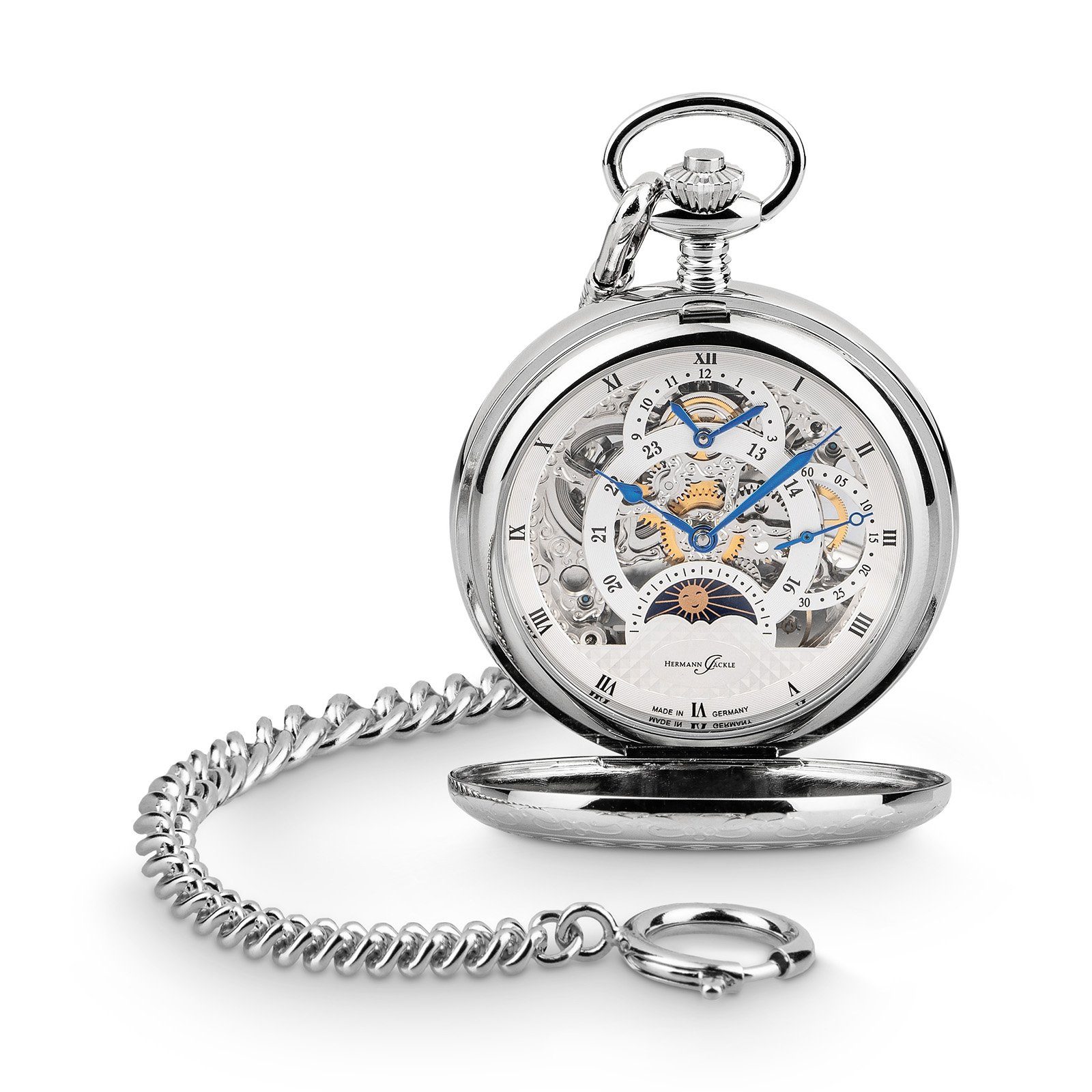 Hermann Jäckle Taschenuhr Calw Skelett Made extra Reiseetui), und mit in (inklusive Handaufzug, starker Germany Kette