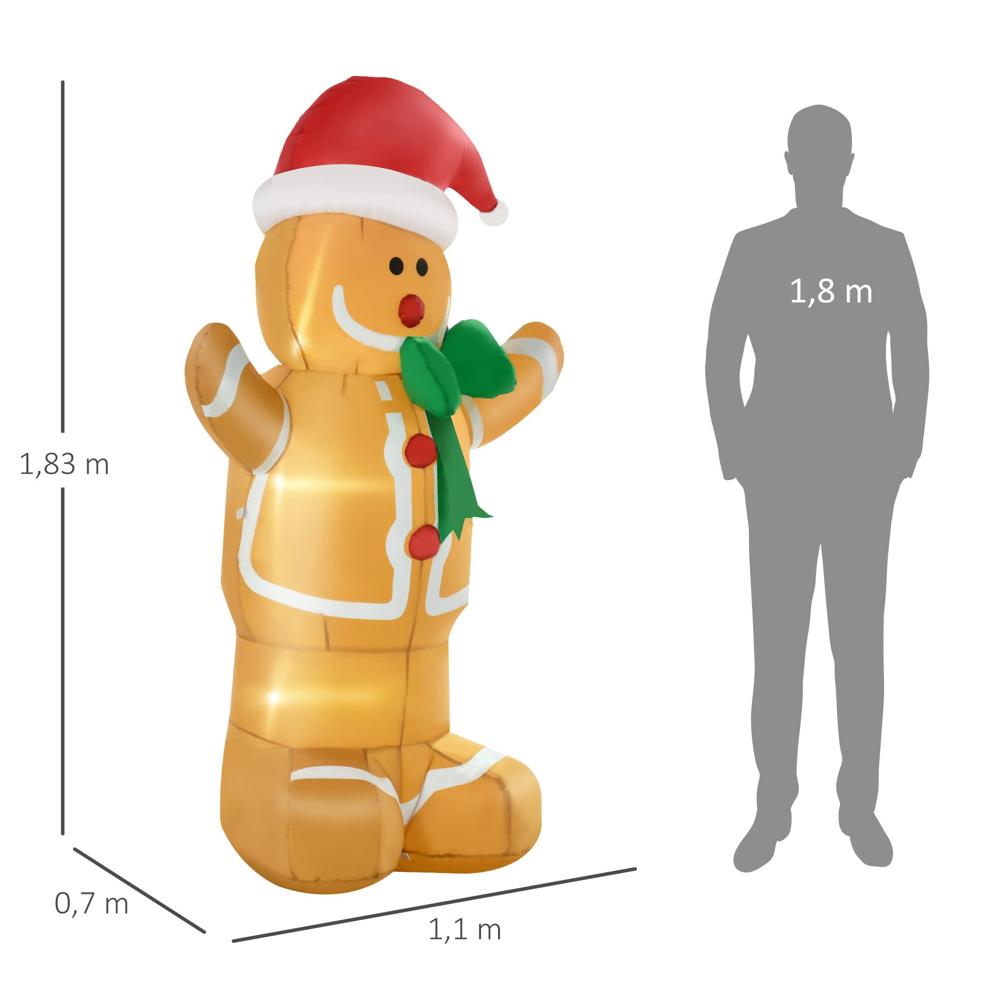 HOMCOM Weihnachtsfigur Aufblasbarer Lebkuchenmann (Weihnachtsdekoration, 1 St., LED-Leuchten), Polyester, Gelb