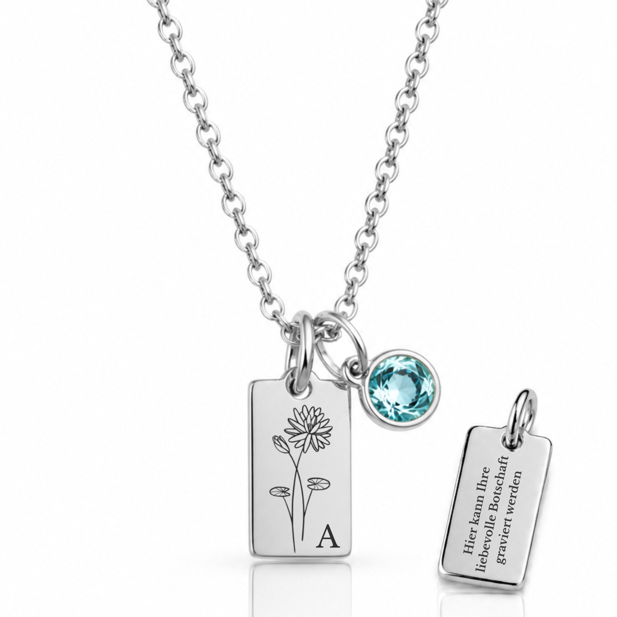 BS Schmuckdesign Kette mit Anhänger mit Gravur Personalisierte Halskette Damen mit Gravur Monatsblume Initiale (inkl. Geburtsstein), inkl. Geschenkbox