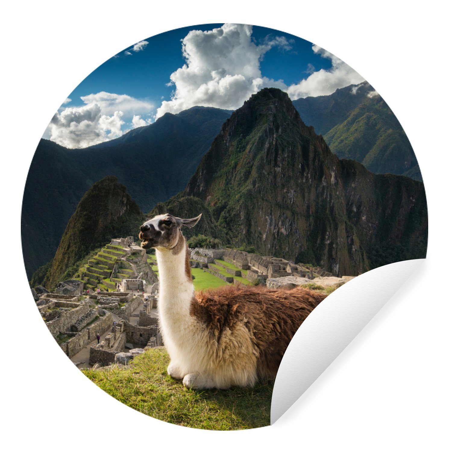 MuchoWow Wandsticker Peru - Machu Picchu - Alpaka (1 St), Tapetenkreis für Kinderzimmer, Tapetenaufkleber, Rund, Wohnzimmer