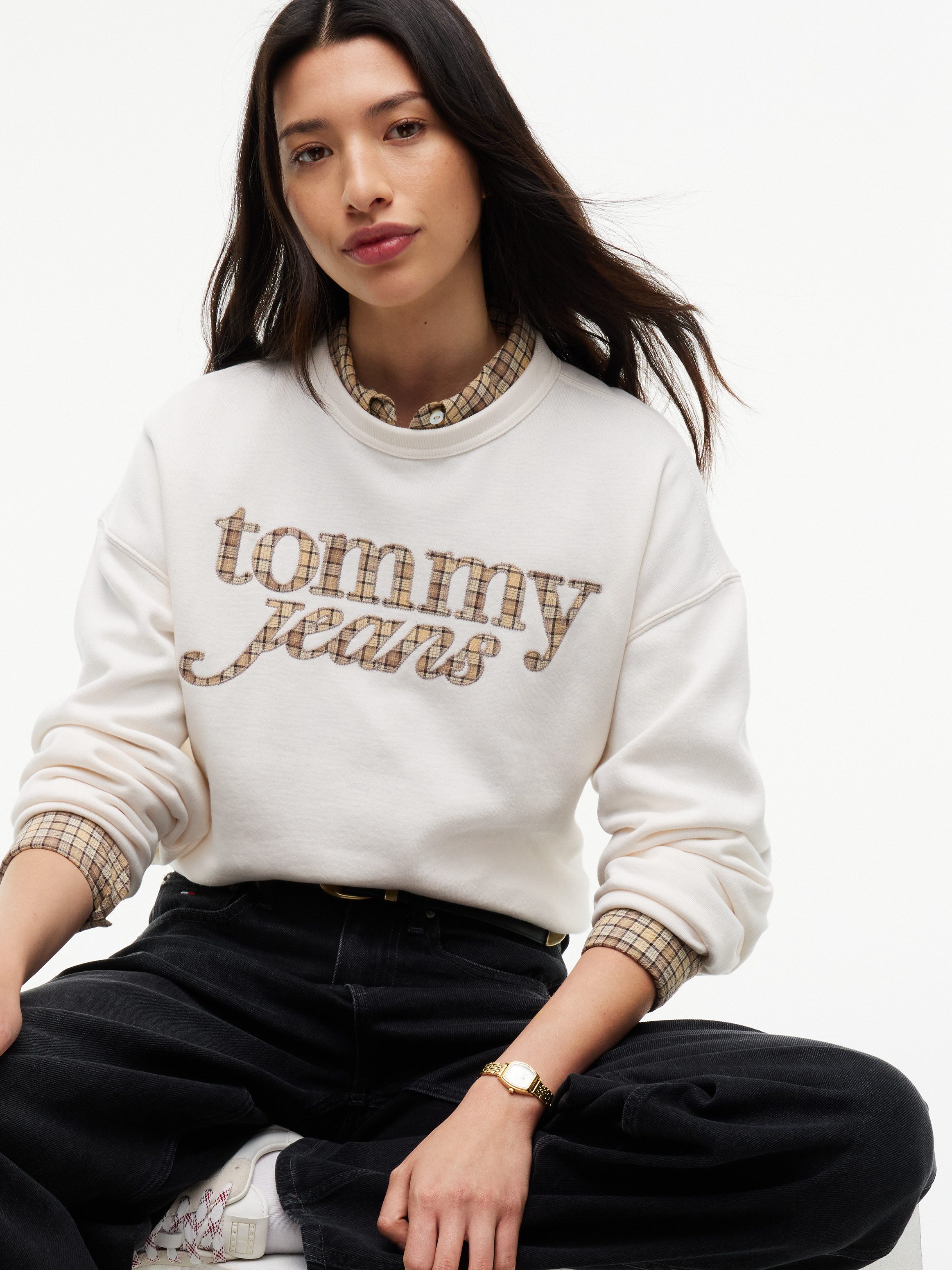 Tommy Jeans Sweatshirt TJW BXY CHECK SCRIPT CREW Baumwollmischung