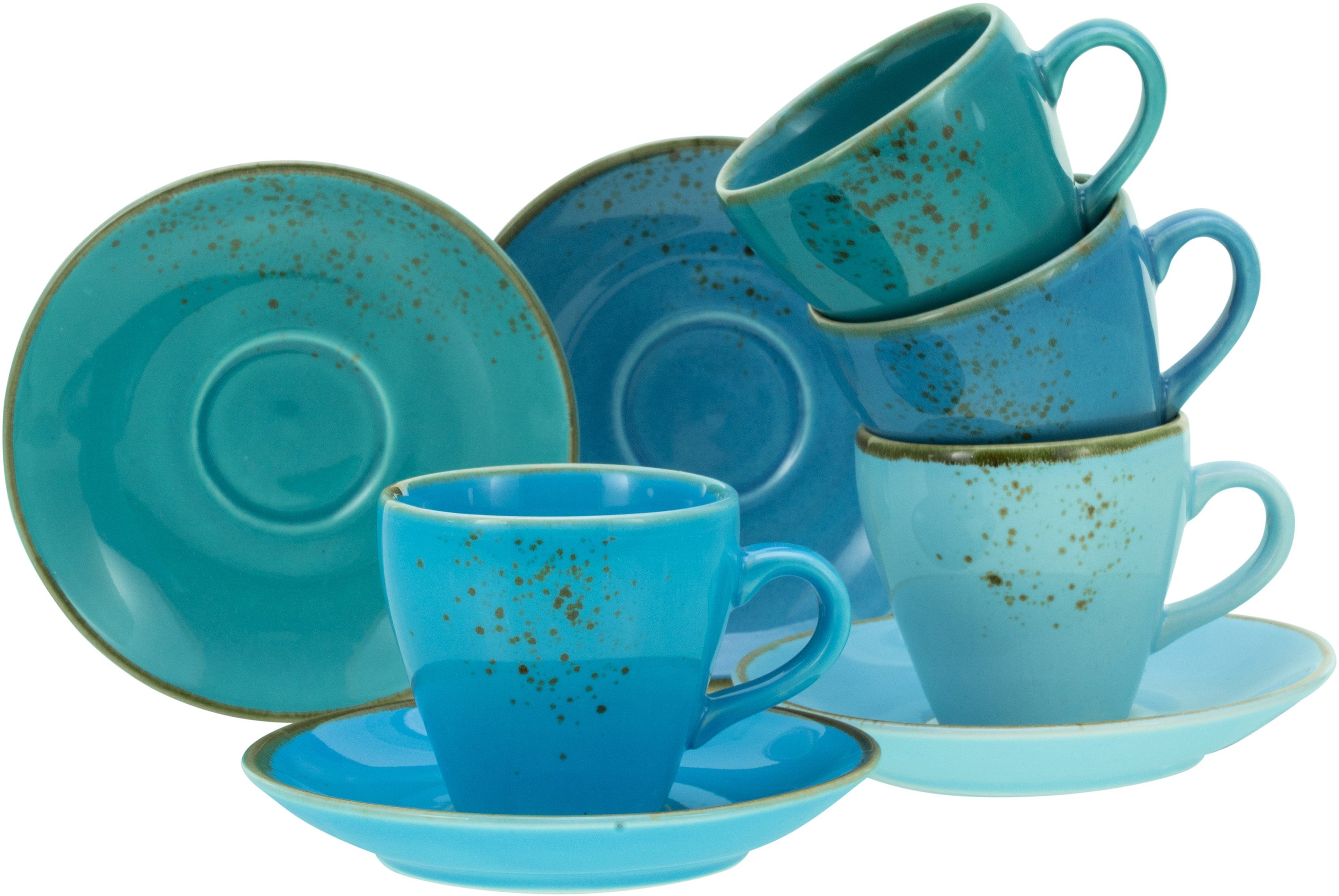 CreaTable Espressotasse Kaffeetasse NATURE COLLECTION Aqua, Steinzeug, Tassen Set, aktuelle Blautöne mit Sprenkel, 4 Tassen, 4 Untertassen