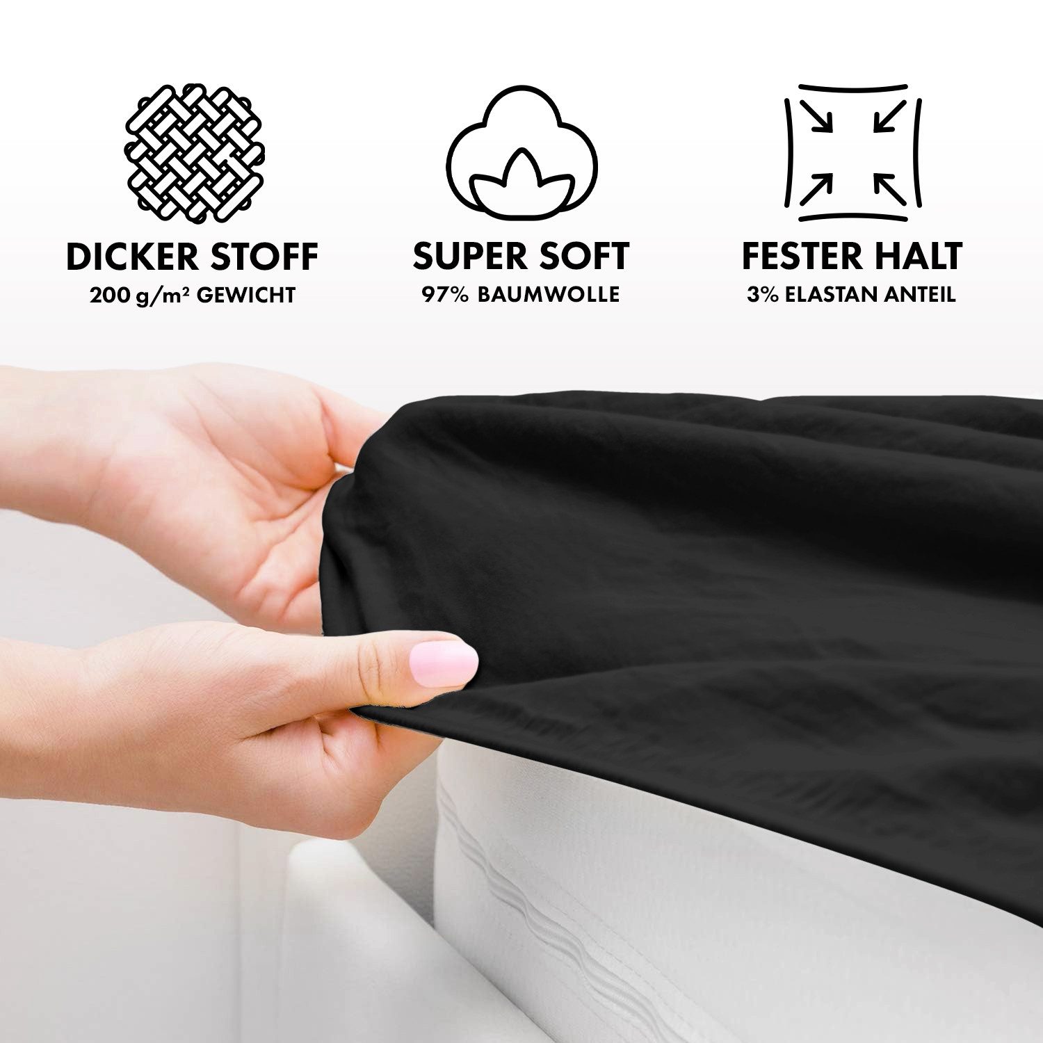 Jacobson Spannbettlaken PREMIUM 200 g/m² Jersey aus 97% Baumwolle & 3% Elasthan, Extra dichtes Bettlaken mit maximalem Halt – Bild 3 von 5