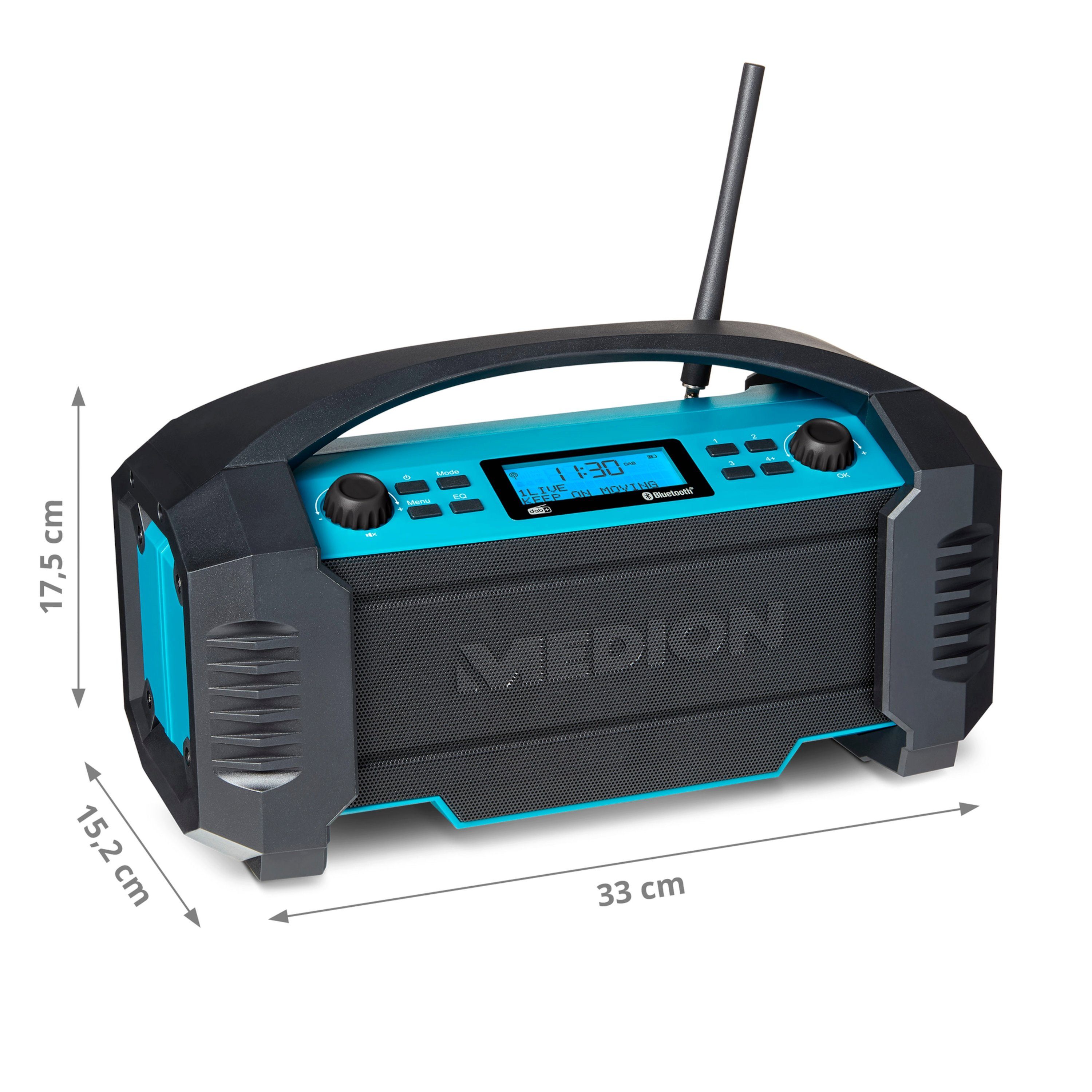 (AM/FM, 15 W, DAB+, DAB+/PLL blau Baustellenradio Medion® MD43320) E66050 Li-Ion 15W Akku 5.0 MW/UKW, RMS Bluetooth