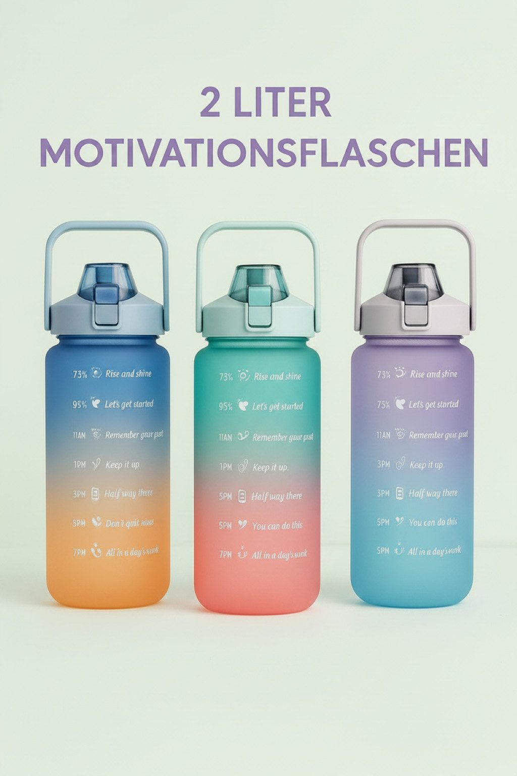 Botells Trinkflasche 2 Liter, Trinkmotivation mit Strohhalm, schöner Farbverlauf mit Henkel, auslaufsicher, BPA frei, für Camping, Reisen, Schule, Sport und Büro