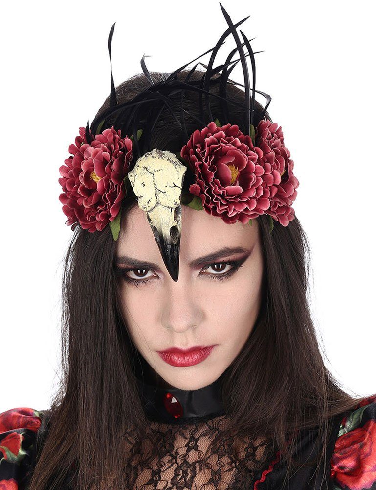 CHAKS Kostüm Voodoo Haarreif mit Vogelschädel und Blumen, Rot