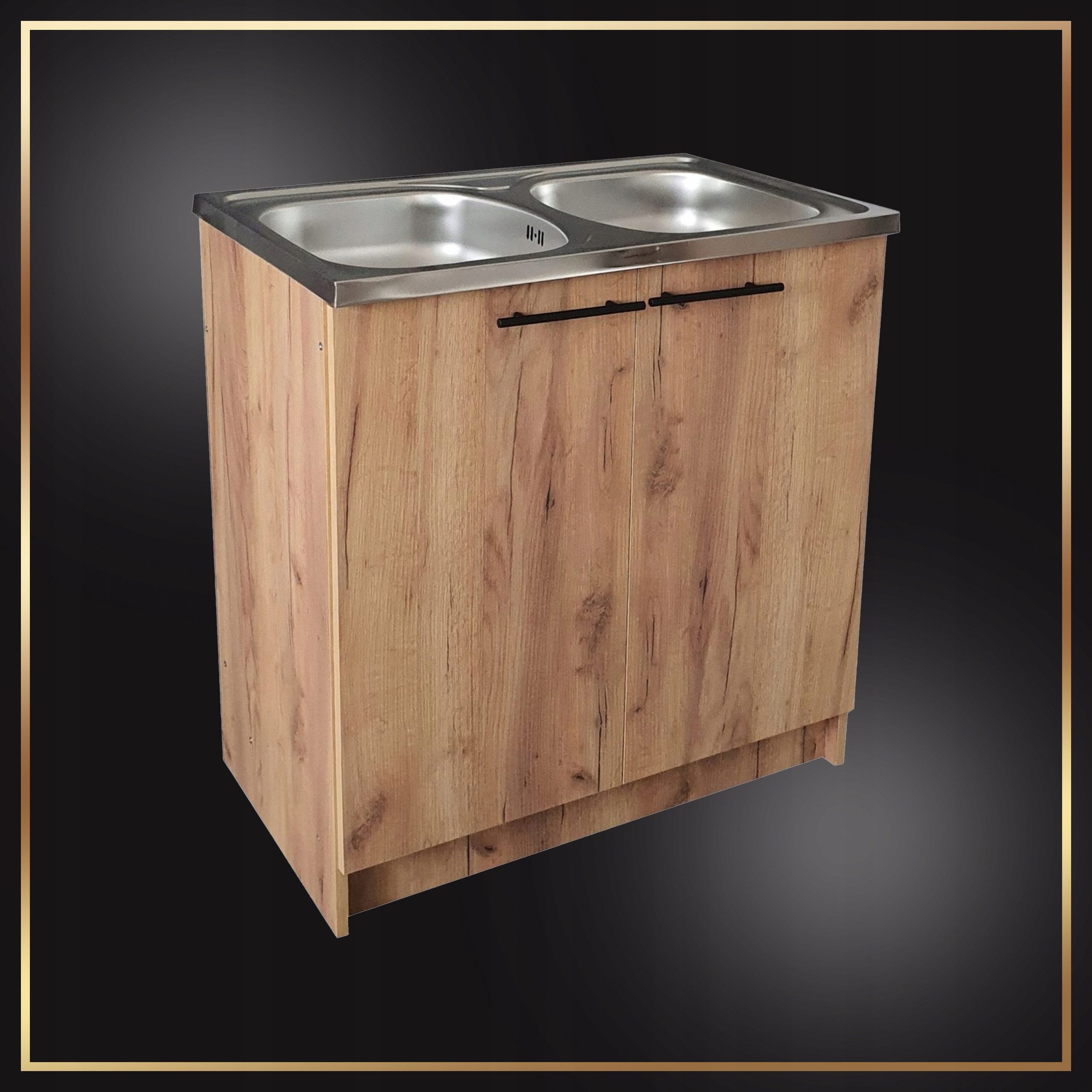 STAMAR Spülenschrank Küchenschrank 80cm Goldene Eiche Spüle 2 Kammer Dreharmatur Chrom XXL Standschrank 49cm Tiefe Edelstahl Doppelspüle Geschirrspüler Komplett – Bild 3 von 5