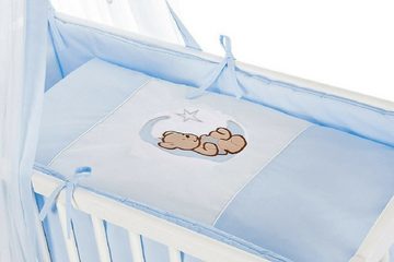 hopsibaby Beistellbett Baby Babybett Komplettbett Bär auf Mond Blau Stubenbett, bestickt