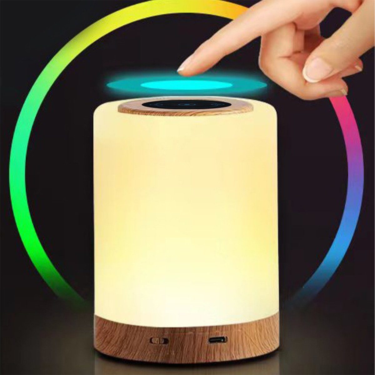 autolock Nachttischlampe Nachttischlampe Touch Dimmbar Holzmaserung Nachtlicht, LED Tischlampe mit 13 Farben und 3 Modi USB Aufladbar