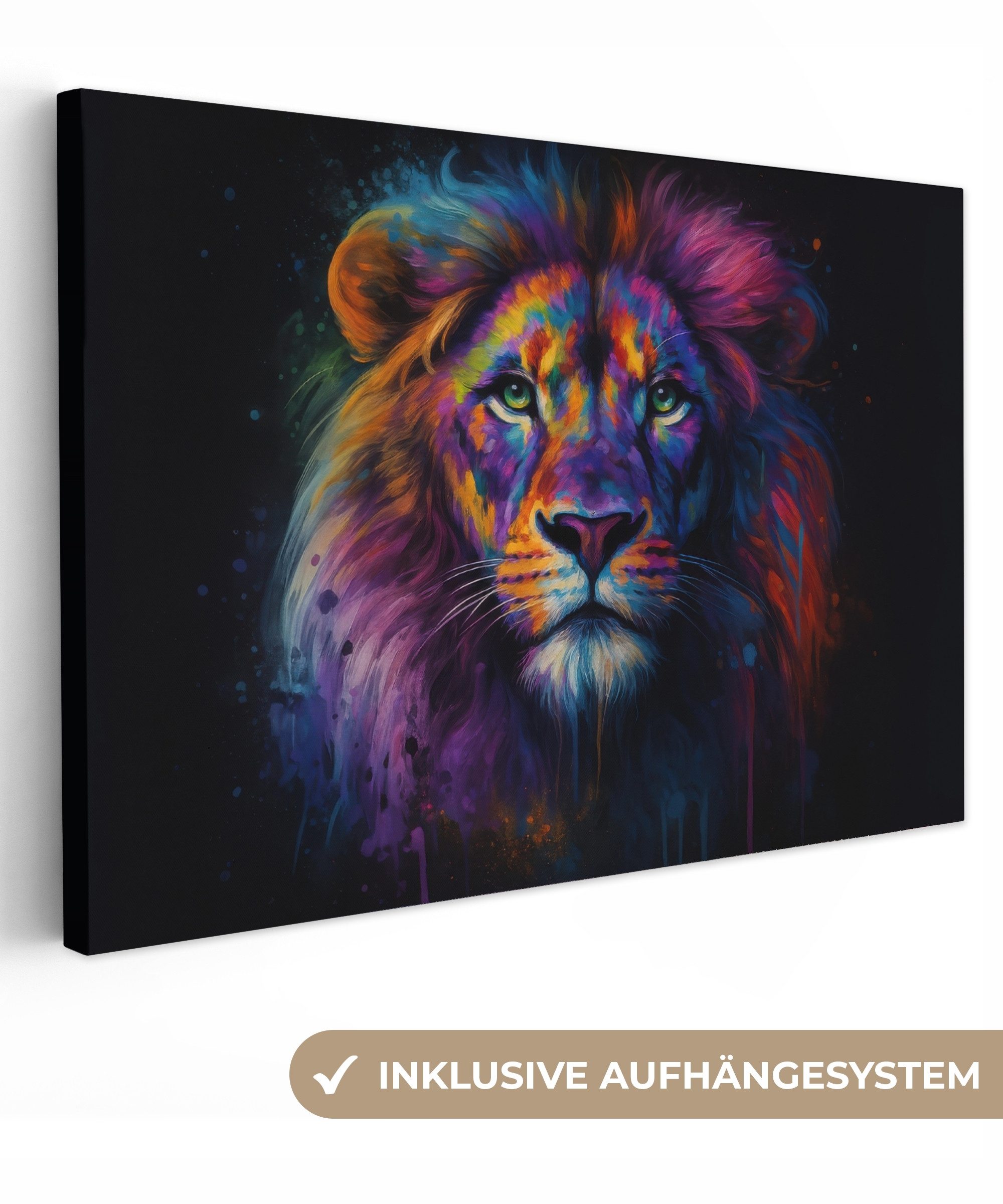 OneMillionCanvasses® Leinwandbild Löwenkopf - Leuchtend bunt - Abstrakt, Fotodruck (1 St), Leinwand Bilder Klein, Wand Dekoration Aesthetic 30x20 cm