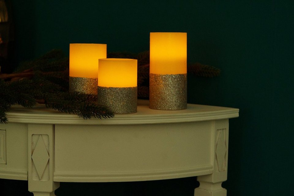 Wohnando LED-Kerze 3er Set LED Kerzen in Natur/Silber mit Fernbedienung ...